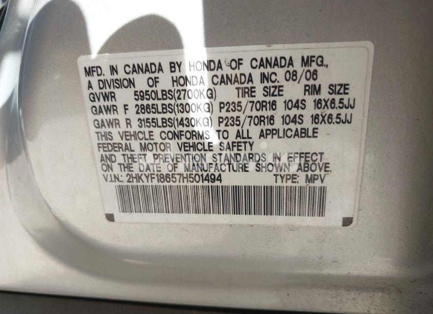 Photo 9 of 2007 Honda Pilot EX-L (VIN 2HKYF18657H501494)