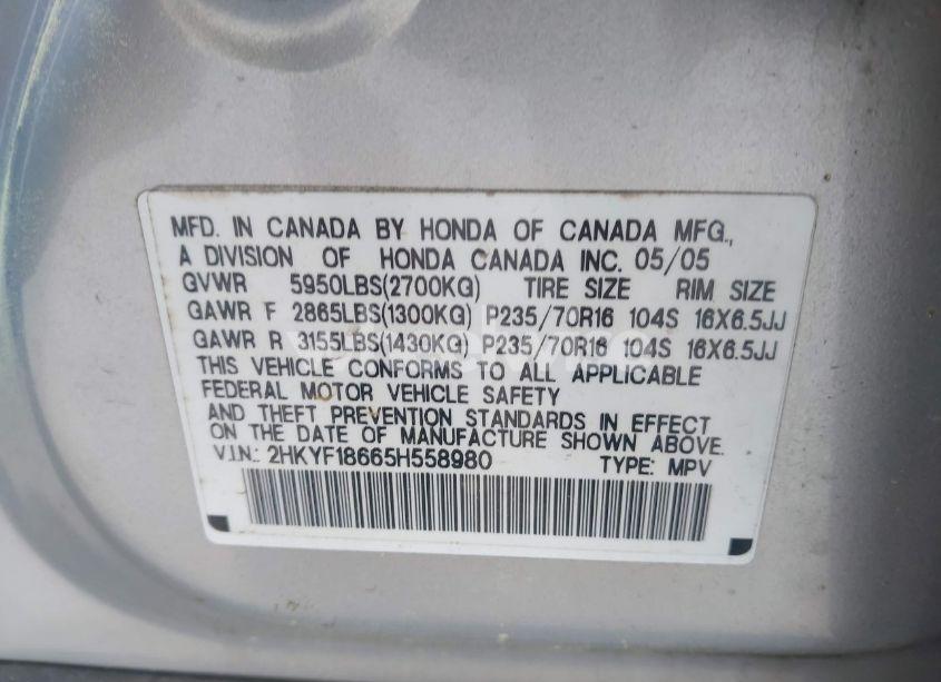 Photo 9 of 2005 Honda Pilot EX-L (VIN 2HKYF18665H558980)