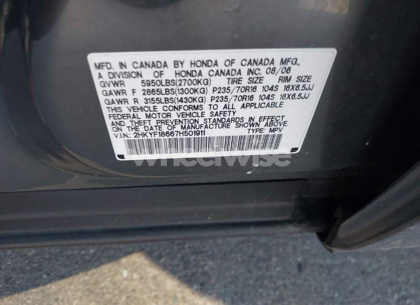 Photo 9 of 2007 Honda Pilot EX-L (VIN 2HKYF18667H501911)