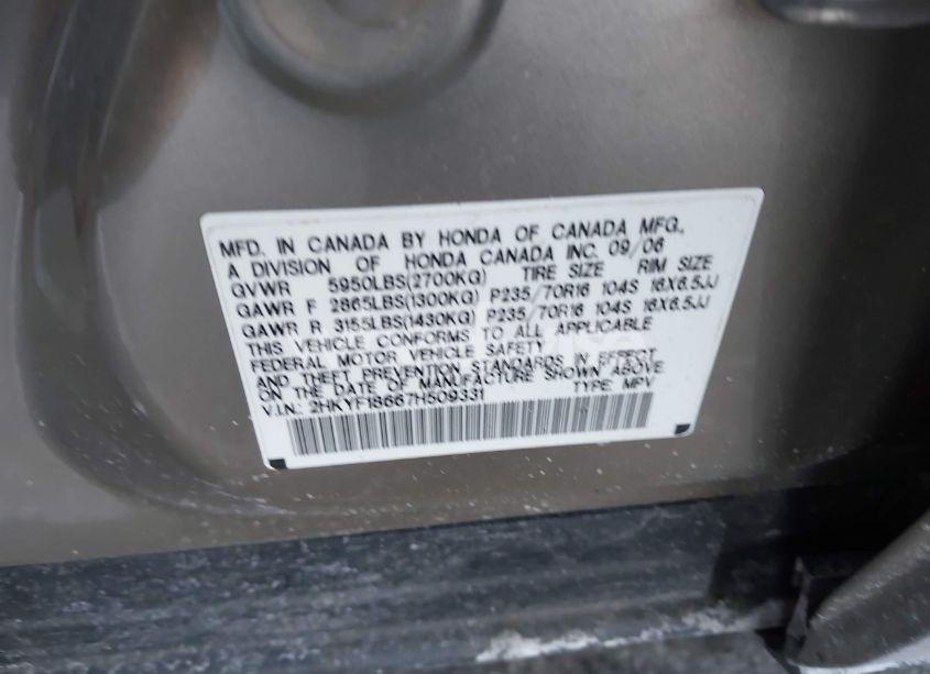 Photo 9 of 2007 Honda Pilot EX-L (VIN 2HKYF18667H509331)