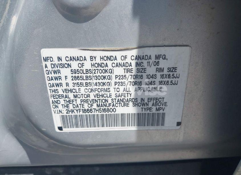 Photo 9 of 2007 Honda Pilot EX-L (VIN 2HKYF18667H516800)