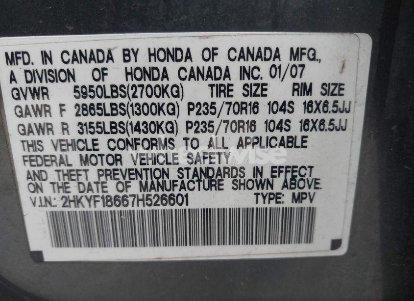 Photo 9 of 2007 Honda Pilot EX-L (VIN 2HKYF18667H526601)