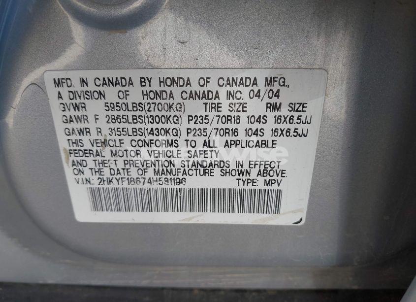 Photo 9 of 2004 Honda Pilot EX-L (VIN 2HKYF18674H581196)