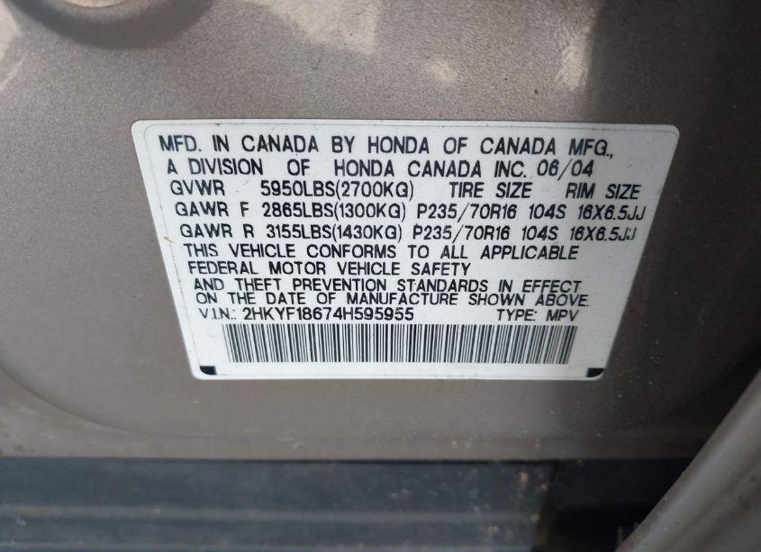 Photo 9 of 2004 Honda Pilot EX-L (VIN 2HKYF18674H595955)