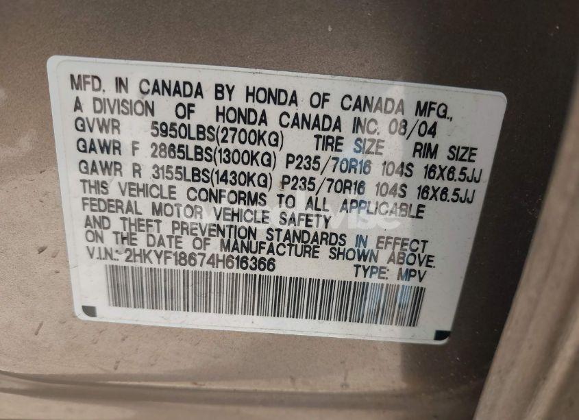 Photo 9 of 2004 Honda Pilot EX-L (VIN 2HKYF18674H616366)