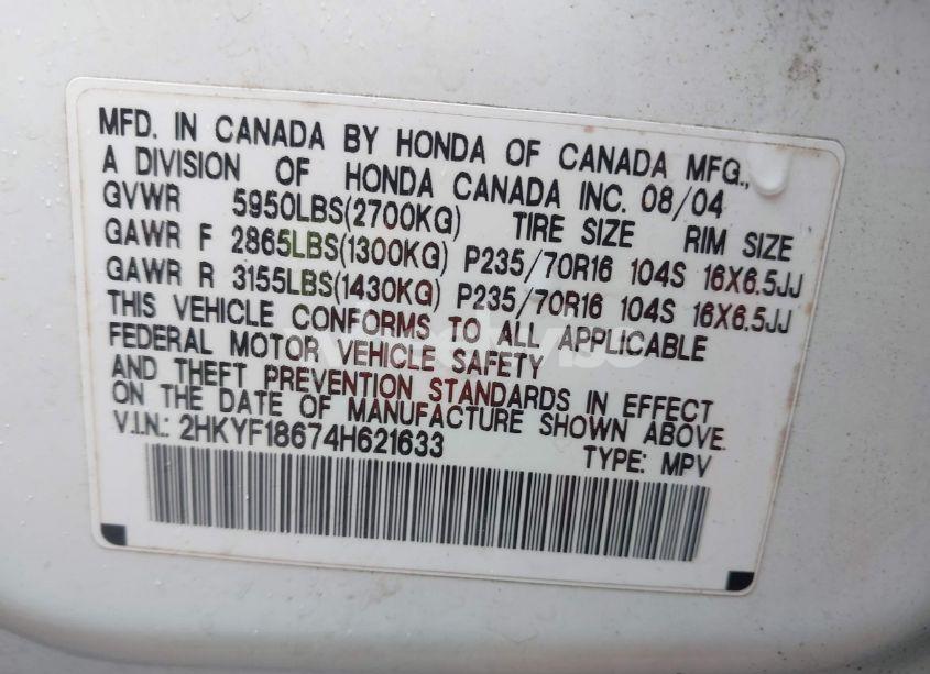 Photo 9 of 2004 Honda Pilot EX-L (VIN 2HKYF18674H621633)