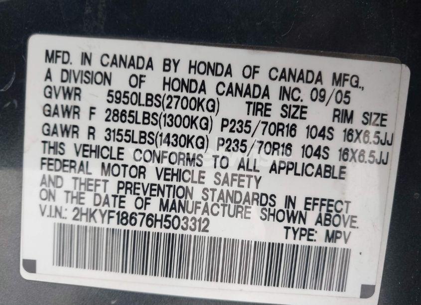 Photo 9 of 2006 Honda Pilot EX-L (VIN 2HKYF18676H503312)