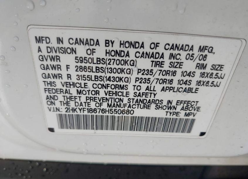 Photo 9 of 2006 Honda Pilot EX-L (VIN 2HKYF18676H550680)