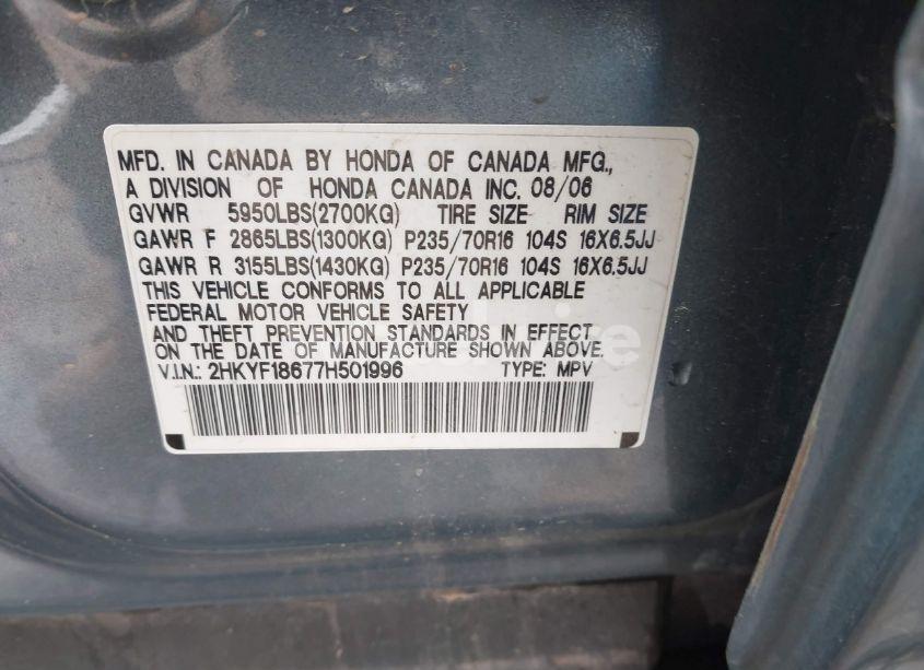 Photo 9 of 2007 Honda Pilot EX-L (VIN 2HKYF18677H501996)