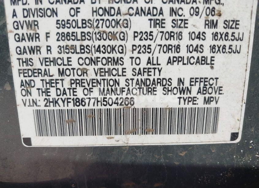 Photo 9 of 2007 Honda Pilot EX-L (VIN 2HKYF18677H504266)