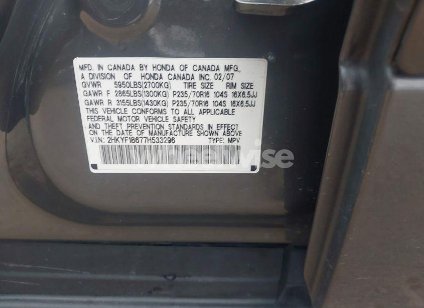 Photo 9 of 2007 Honda Pilot EX-L (VIN 2HKYF18677H533296)