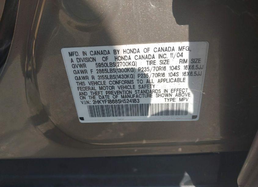 Photo 9 of 2005 Honda Pilot EX-L (VIN 2HKYF18685H524183)