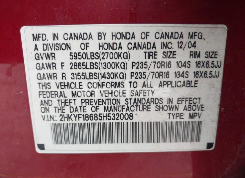 Photo 9 of 2005 Honda Pilot EX-L (VIN 2HKYF18685H532008)