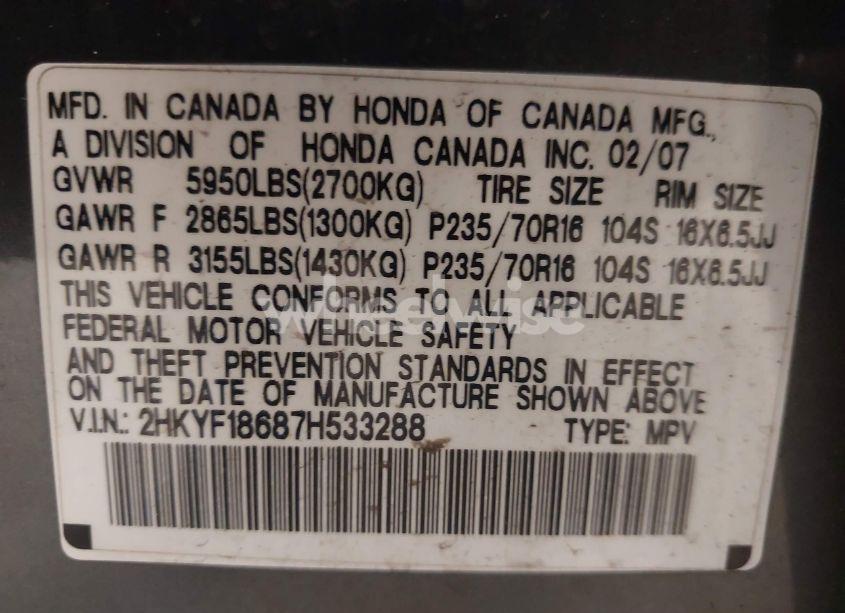 Photo 9 of 2007 Honda Pilot EX-L (VIN 2HKYF18687H533288)