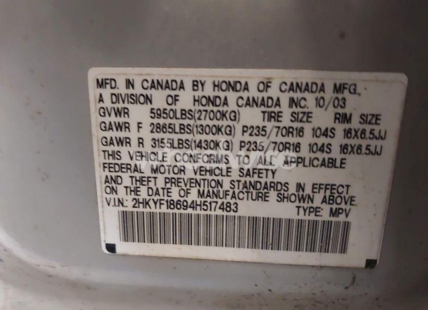Photo 9 of 2004 Honda Pilot EX-L (VIN 2HKYF18694H517483)