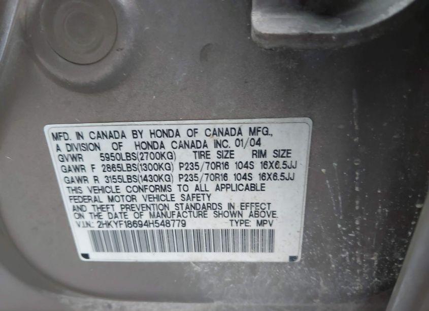 Photo 9 of 2004 Honda Pilot EX-L (VIN 2HKYF18694H548779)