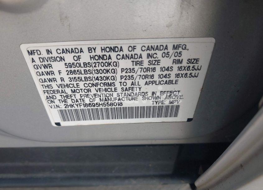 Photo 9 of 2005 Honda Pilot EX-L (VIN 2HKYF18695H558018)