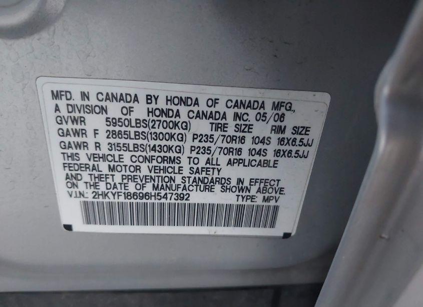 Photo 9 of 2006 Honda Pilot EX-L (VIN 2HKYF18696H547392)