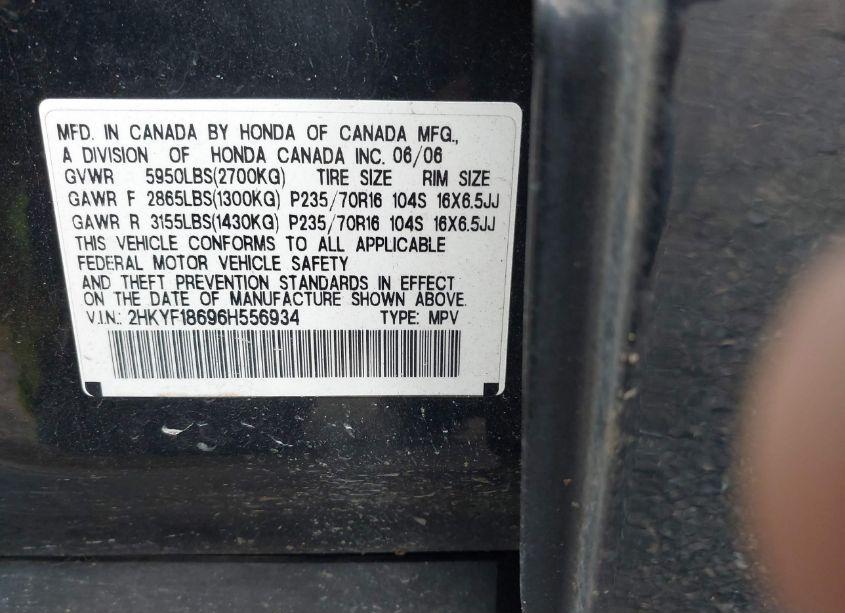 Photo 8 of 2006 Honda Pilot EX-L (VIN 2HKYF18696H556934)