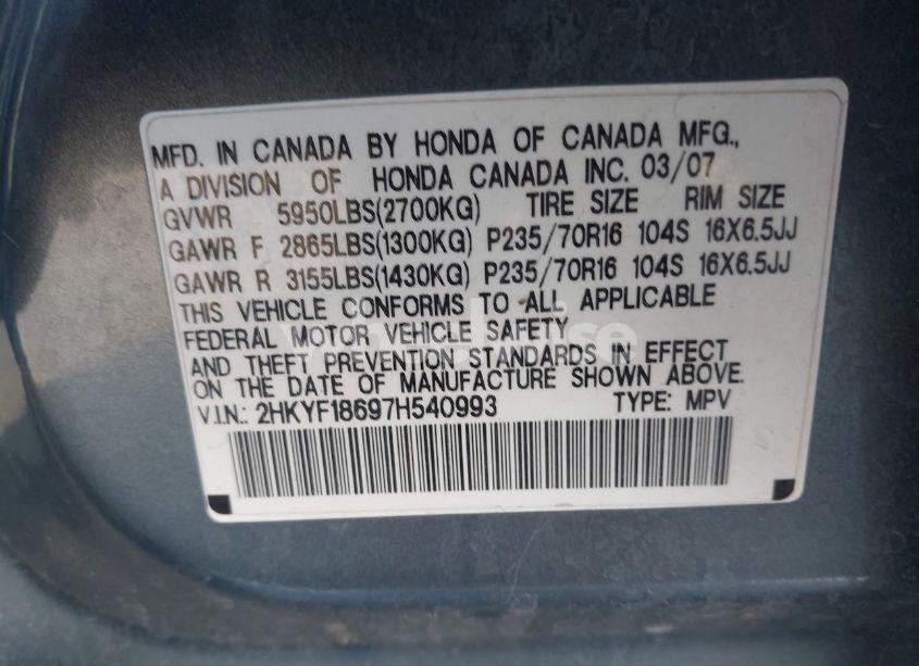 Photo 9 of 2007 Honda Pilot EX-L (VIN 2HKYF18697H540993)