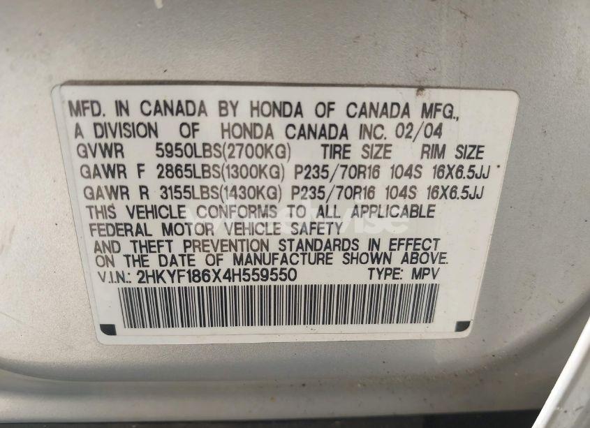 Photo 9 of 2004 Honda Pilot EX-L (VIN 2HKYF186X4H559550)