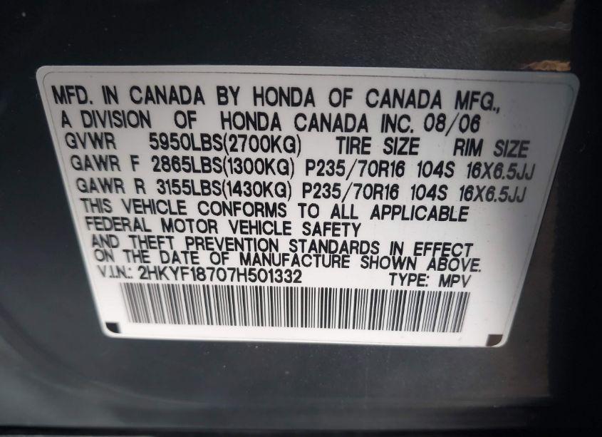 Photo 9 of 2007 Honda Pilot EX-L (VIN 2HKYF18707H501332)