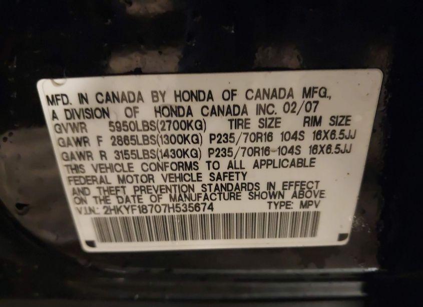 Photo 9 of 2007 Honda Pilot EX-L (VIN 2HKYF18707H535674)