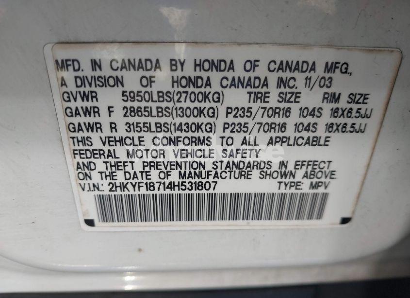 Photo 9 of 2004 Honda Pilot EX-L (VIN 2HKYF18714H531807)