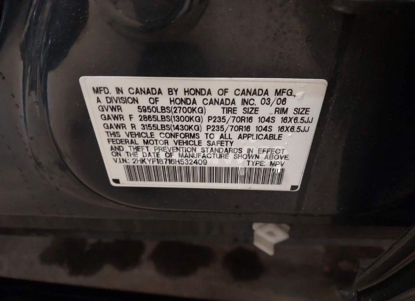 Photo 9 of 2006 Honda Pilot EX-L (VIN 2HKYF18716H532409)