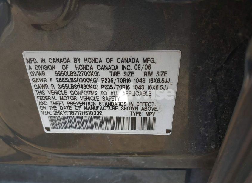 Photo 9 of 2007 Honda Pilot EX-L (VIN 2HKYF18717H510332)