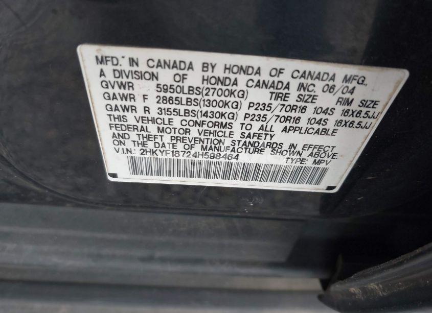 Photo 9 of 2004 Honda Pilot EX-L (VIN 2HKYF18724H598464)