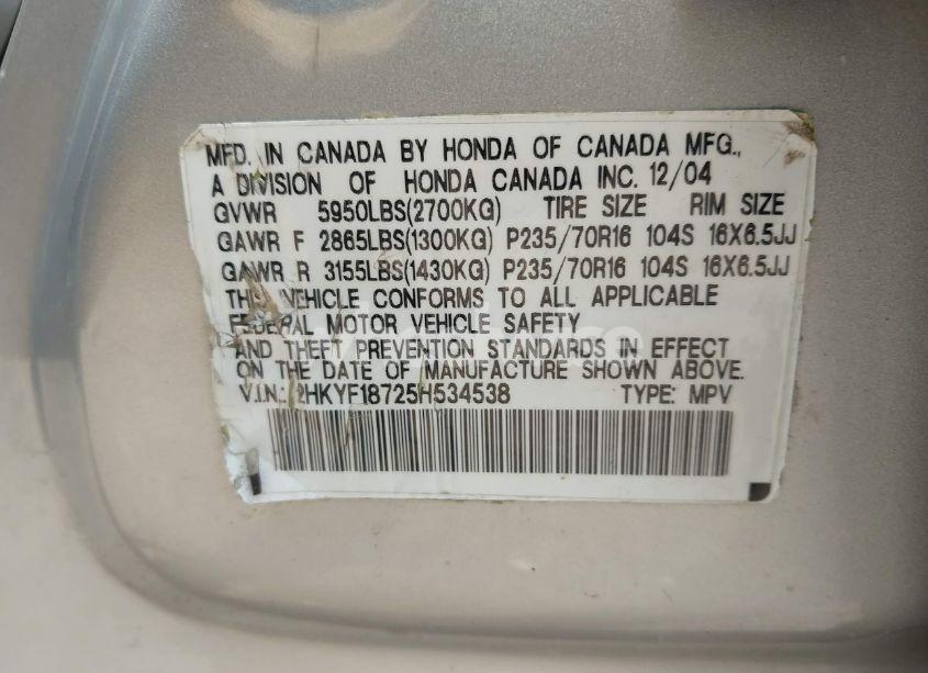 Photo 9 of 2005 Honda Pilot EX-L (VIN 2HKYF18725H534538)