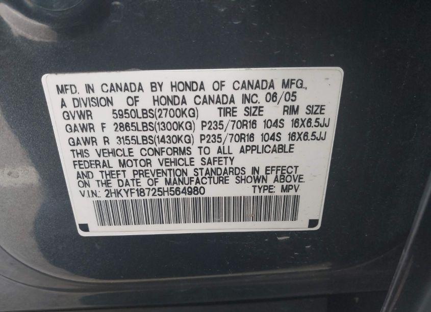 Photo 9 of 2005 Honda Pilot EX-L (VIN 2HKYF18725H564980)
