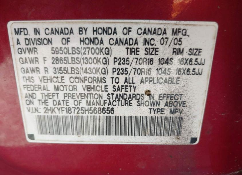 Photo 9 of 2005 Honda Pilot EX-L (VIN 2HKYF18725H568656)