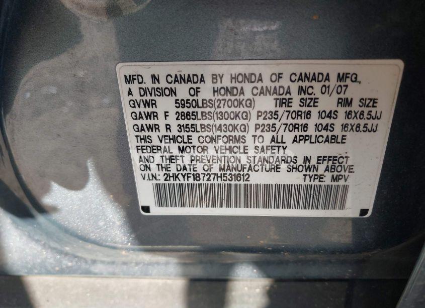 Photo 9 of 2007 Honda Pilot EX-L (VIN 2HKYF18727H531612)