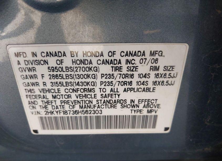 Photo 9 of 2006 Honda Pilot EX-L (VIN 2HKYF18736H562303)