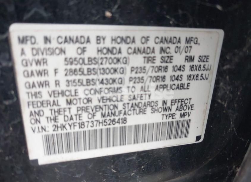 Photo 9 of 2007 Honda Pilot EX-L (VIN 2HKYF18737H526418)