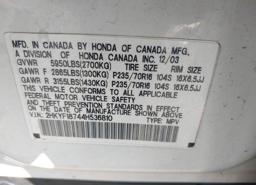 Photo 9 of 2004 Honda Pilot EX-L (VIN 2HKYF18744H536810)