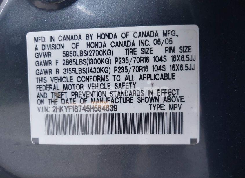 Photo 9 of 2005 Honda Pilot EX-L (VIN 2HKYF18745H564639)