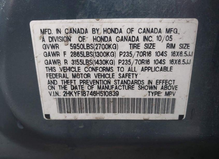 Photo 9 of 2006 Honda Pilot EX-L (VIN 2HKYF18746H510839)
