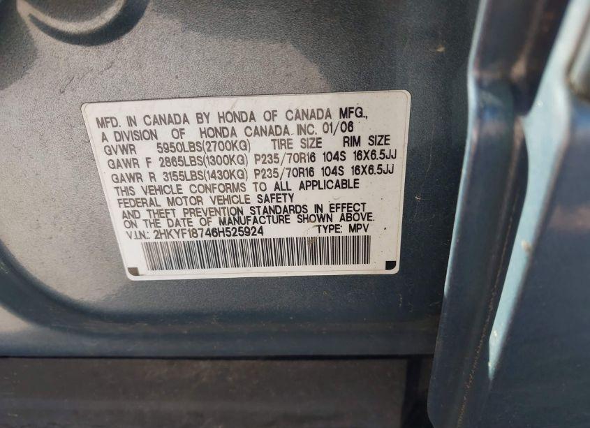 Photo 9 of 2006 Honda Pilot EX-L (VIN 2HKYF18746H525924)