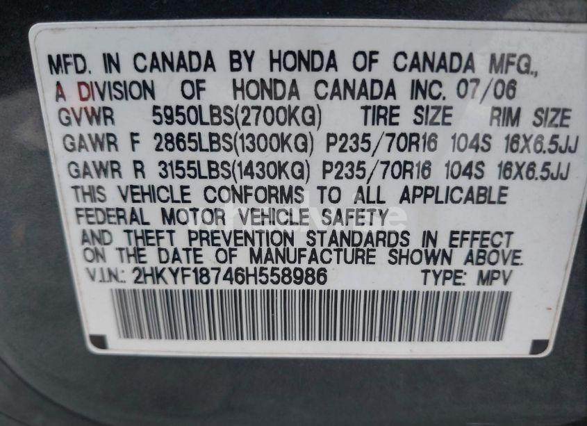 Photo 9 of 2006 Honda Pilot EX-L (VIN 2HKYF18746H558986)