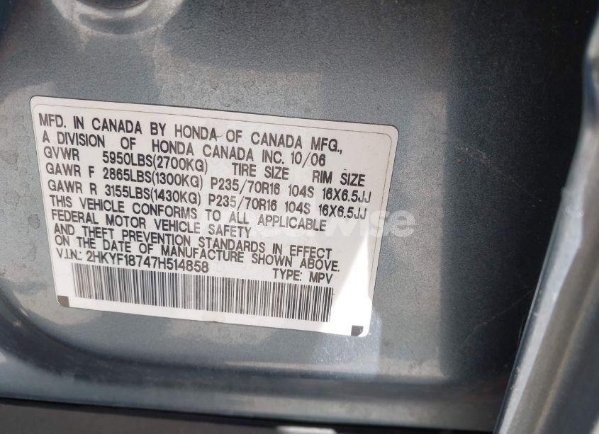 Photo 9 of 2007 Honda Pilot EX-L (VIN 2HKYF18747H514858)