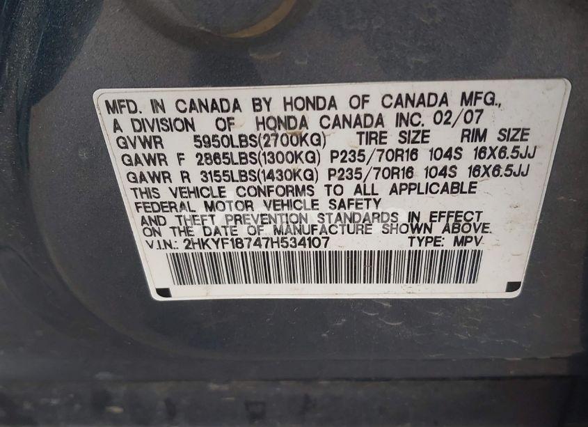 Photo 9 of 2007 Honda Pilot EX-L (VIN 2HKYF18747H534107)