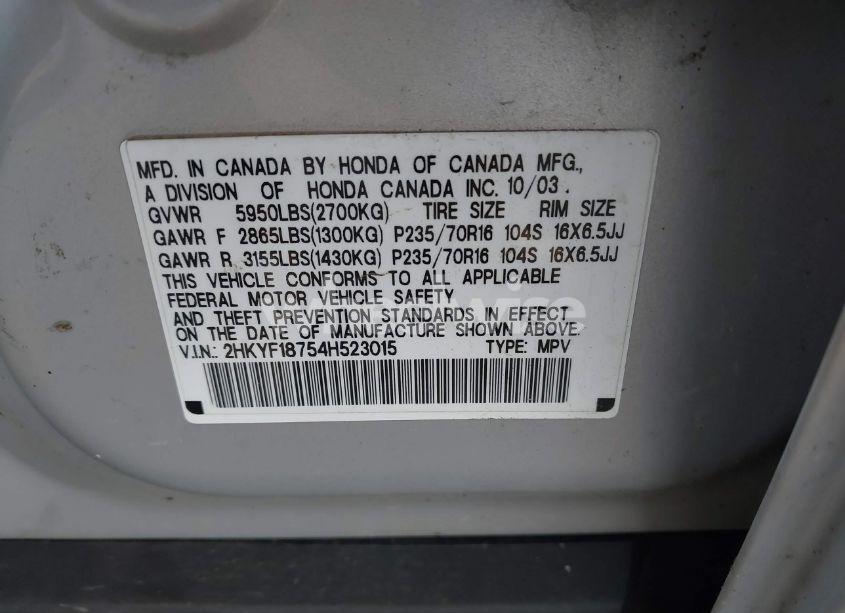 Photo 9 of 2004 Honda Pilot EX-L (VIN 2HKYF18754H523015)