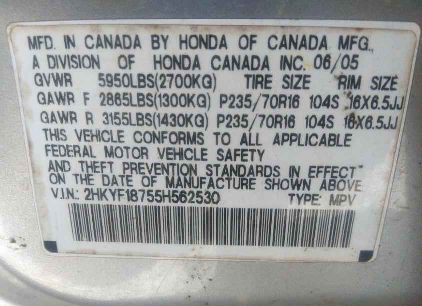 Photo 9 of 2005 Honda Pilot EX-L (VIN 2HKYF18755H562530)