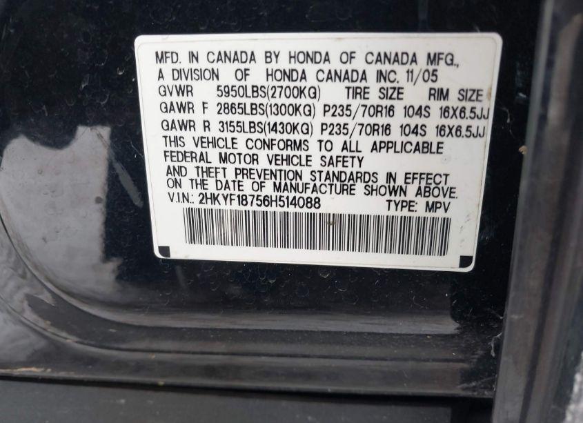 Photo 9 of 2006 Honda Pilot EX-L (VIN 2HKYF18756H514088)