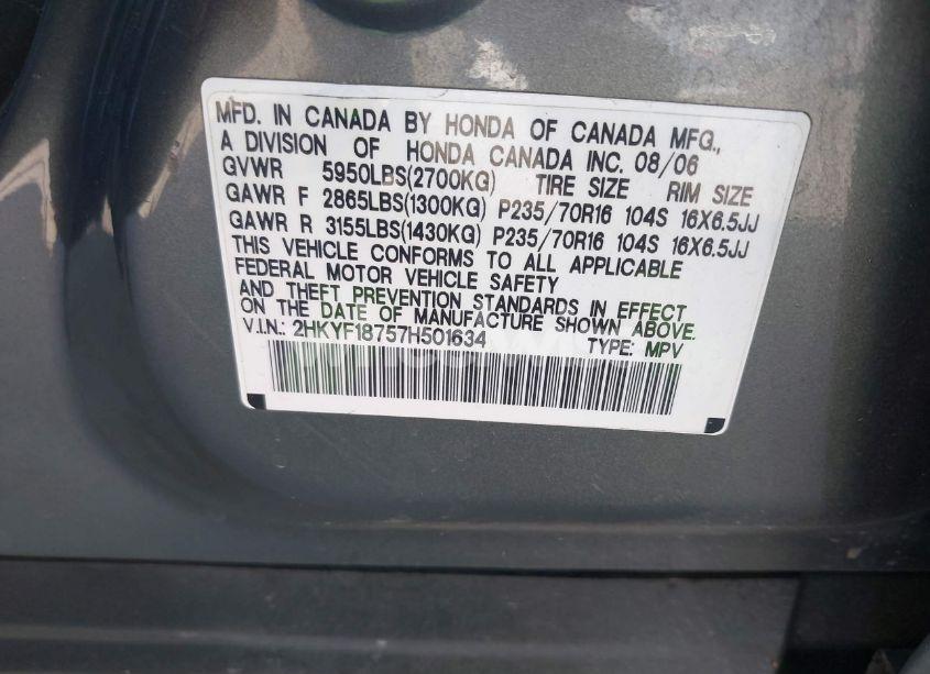 Photo 9 of 2007 Honda Pilot EX-L (VIN 2HKYF18757H501634)