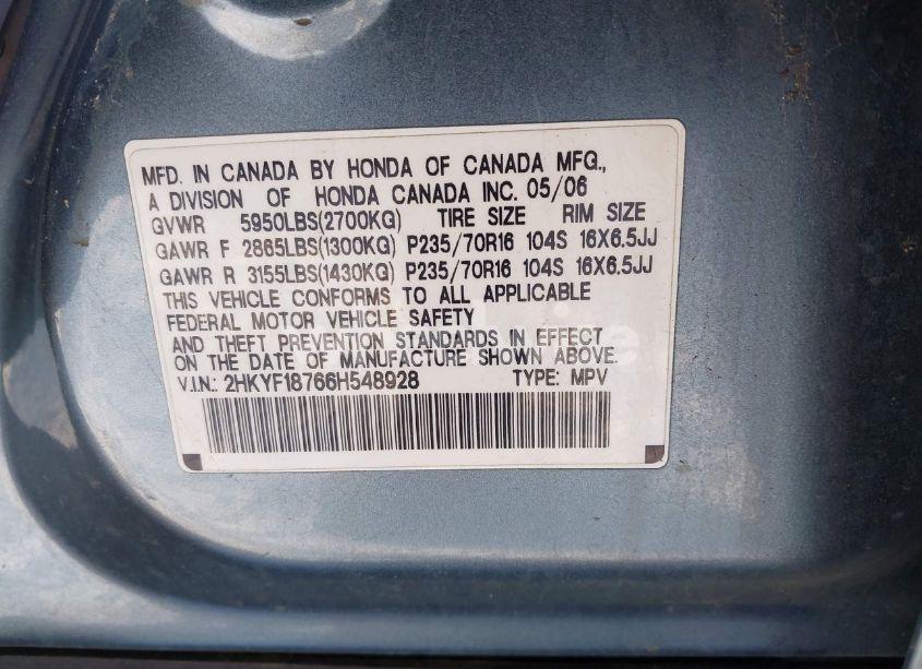 Photo 9 of 2006 Honda Pilot EX-L (VIN 2HKYF18766H548928)