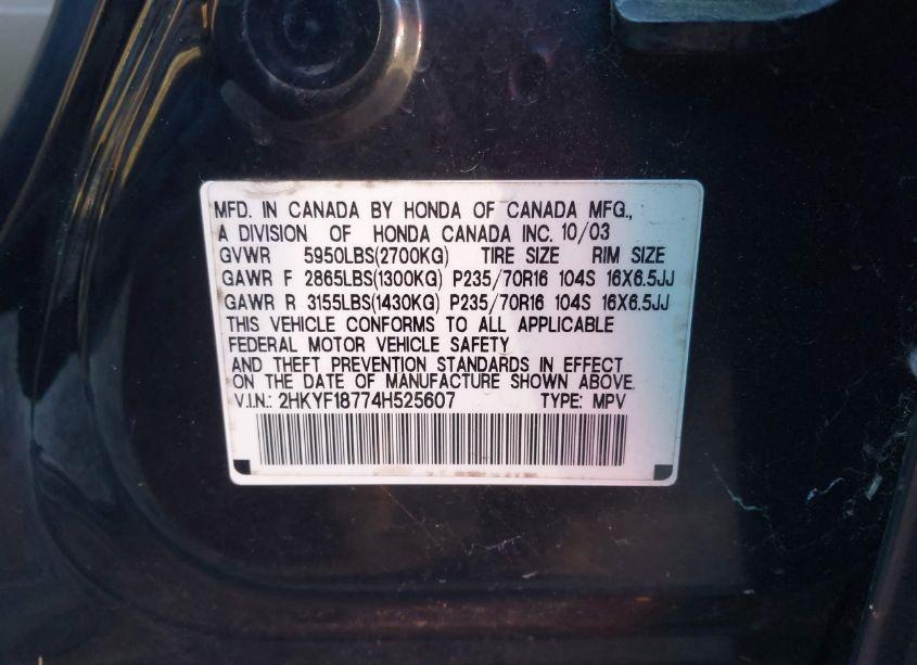 Photo 9 of 2004 Honda Pilot EX-L (VIN 2HKYF18774H525607)